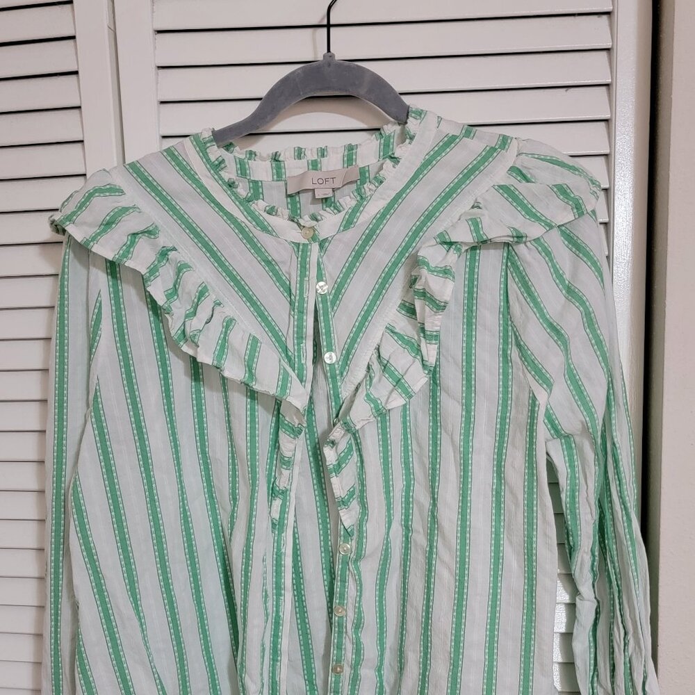 Loft Mint Green Stripe Ruffle Blouse